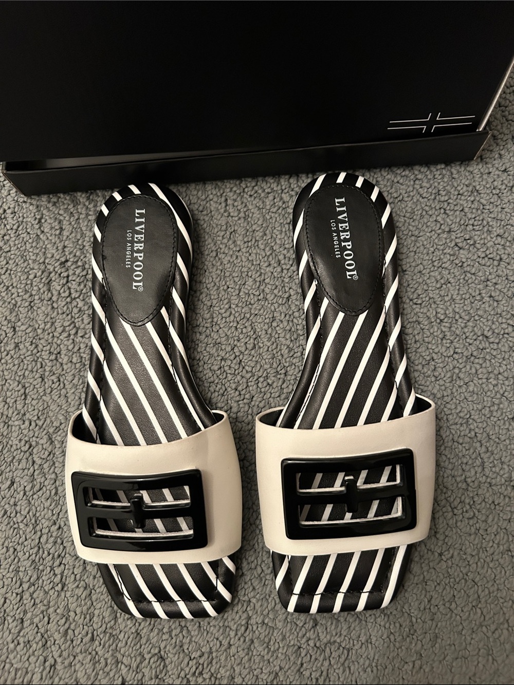 Liverpool Black & Cream Striped Slide Sandals with Statement Buckle